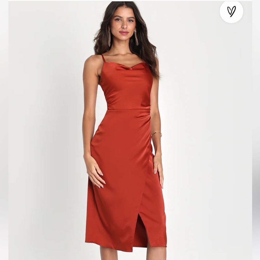 Lulu’s Hollywood Woman Bronze Satin Midi Dress, Orange Color, Size Small, NWT